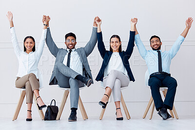 Buy stock photo Celebration, success and recruitment business people in waiting room for we are hiring, Human Resources job or career opportunity. Corporate worker winning gesture for goals, mission and motivation