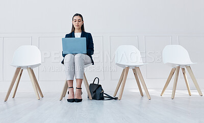 Buy stock photo Recruitment, laptop and woman in waiting room for we are hiring or Human Resources online post while sitting on chair in office. Shortlisted person at corporate interview for job opportunity in HR