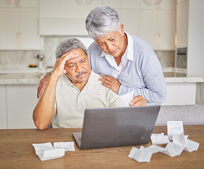 Buy stock photo Stress, senior couple and laptop with finance paper and taxes for financial security investment. Sad, depression or mental health anxiety while planning retirement budget or insurance funeral savings