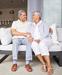 Retirement, love and marriage with senior couple sitting on sofa together for care, support and wellness. Elderly, trust and embrace with old age married man and woman in family home 