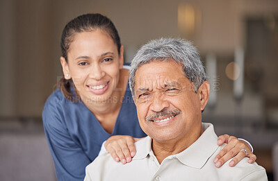 Buy stock photo Portrait of elderly man with a nurse, bonding during a checkup at assisted living homecare . Smile, happy and friendly mature patient relax and enjoy time with a loving, carefree healthcare worker 