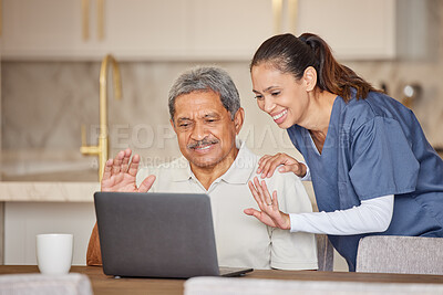 Buy stock photo Elderly man with caregiver on laptop video call talking, conversation and greeting or waving hello. Woman, nurse or medical caretaker help and support retirement senior with online web communication
