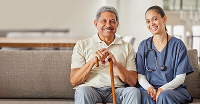 Buy stock photo Consulting nurse, senior man and healthcare communication, planning medicine in nursing home and smile for service in house. Portrait of hospital worker caring for elderly person for medical help