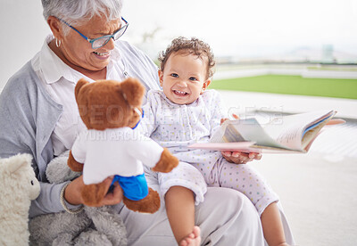 Buy stock photo Story, book and baby with grandmother and teddy bear for child development, learning and growth with happy smile portrait. Grandma reading to kid on the patio at their family home for love and care