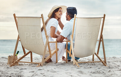 Buy stock photo Love, travel and happy beach couple with happiness together in nature by the sea. Young holiday girlfriend and boyfriend romance by the ocean relax on a vacation by the water and sand in summer