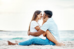 Kiss couple, beach love and happy honeymoon, travel and summer relaxing at seashore together. Romantic man, smile woman and young people on ocean vacation, intimate holiday and quality time date 