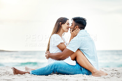 Buy stock photo Kiss couple, beach love and happy honeymoon, travel and summer relaxing at seashore together. Romantic man, smile woman and young people on ocean vacation, intimate holiday and quality time date 