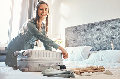 Buy stock photo Portrait, happy woman travel with luggage or suitcase in a luxury hotel bed during vacation with a smile. Woman packing bag and ready for holiday trip in a bedroom at a lodge, house or villa