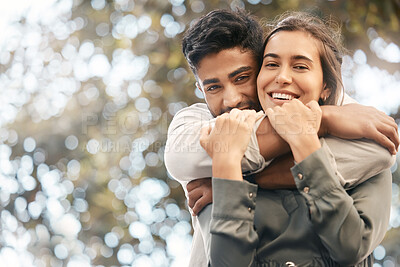 Buy stock photo Couple hug, nature date and smile for love in summer, happy in park and affection with green trees in background with bokeh in garden. Face portrait of man and woman hugging in city spring