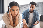 Couple fight, marriage depression and divorce stress, anxiety from mental health and tired of conflict in house bedroom. Sad woman frustrated with headache during communication with man about problem