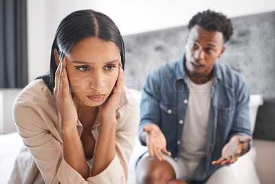 Buy stock photo Couple fight, marriage depression and divorce stress, anxiety from mental health and tired of conflict in house bedroom. Sad woman frustrated with headache during communication with man about problem