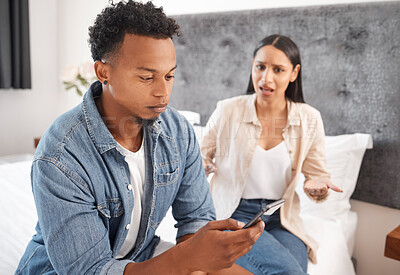 Buy stock photo Couple or black man ignore frustrated woman with phone on social media, online or internet sitting on bed. Young black people dating, angry and upset risk divorce from   cheating infidelity mistake