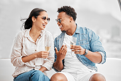 Buy stock photo Happy couple, wine and vacation date while talking and laughing at a comic joke on travel, holiday and luxury trip. Romantic man and woman celebrate fun anniversary, marriage and honeymoon outdoors