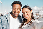 Couple, selfie and love bond on summer date in California by harbor, ocean and sea. Portrait, smile and happy latino man and woman or boyfriend and girlfriend after meeting on social media dating app
