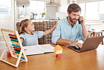 Child, home working and work call of a dad on a computer busy with digital planning and kid care. Business man talking and using technology while a girl tries to get attention to help with study book