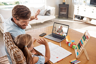 Buy stock photo E learning, video call and teacher with child and dad study education or homework at home. Virtual, online and distance learning with father and girl student remote, class or school