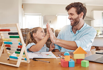 Buy stock photo Education, learning and high five by father and girl in homeschooling lesson at kitchen table. Support, teaching and help in child development by parent and daughter winning in homework, abacus math