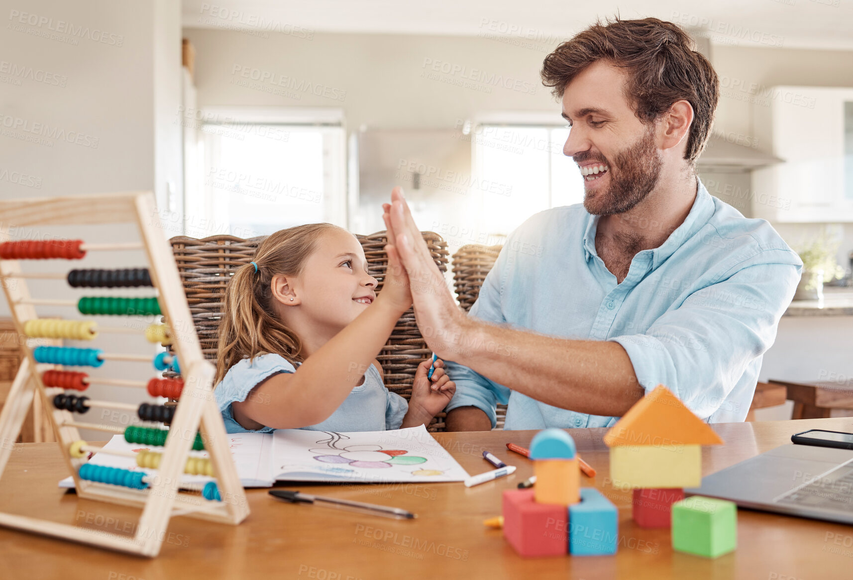 Buy stock photo Education, learning and high five by father and girl in homeschooling lesson at kitchen table. Support, teaching and help in child development by parent and daughter winning in homework, abacus math