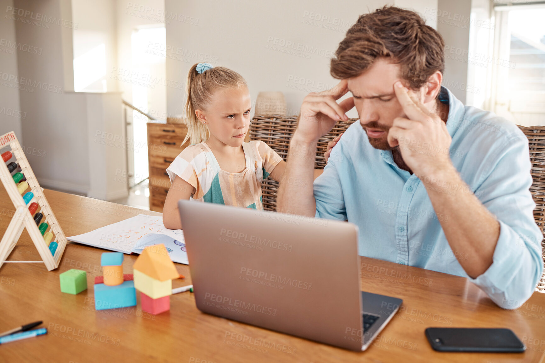 Buy stock photo Education, homeschooling and headache with annoyed father helping his girl in an online distance learning class on laptop. Unhappy parent and child argue, angry about fail report and learning problem