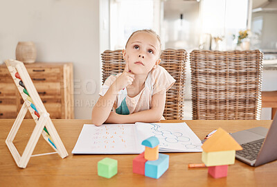 Buy stock photo Education, learning and development with a girl thinking of an idea while doing homework or remote studying from home. Student, study and learn with a young female child day dreaming in her house
