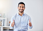 Thumbs up, work success and business man in support of startup company, management thank you in office and happy with corporate goal. Portrait of Asian worker with agreement hand sign for career