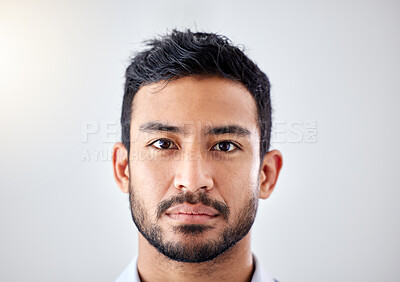 Buy stock photo Business man, portrait and serious face expression with studio background for copy space with flare. Corporate person with thinking, focus and doubt facial look for dilemma or concentration.