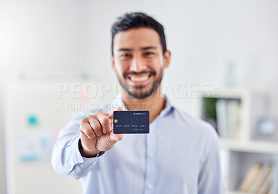 Buy stock photo Hand, smile and businessman with credit card for finance, bank and money payment in a work office. Portrait of happy corporate employee able to buy or pay bills, retail shopping or debt with salary