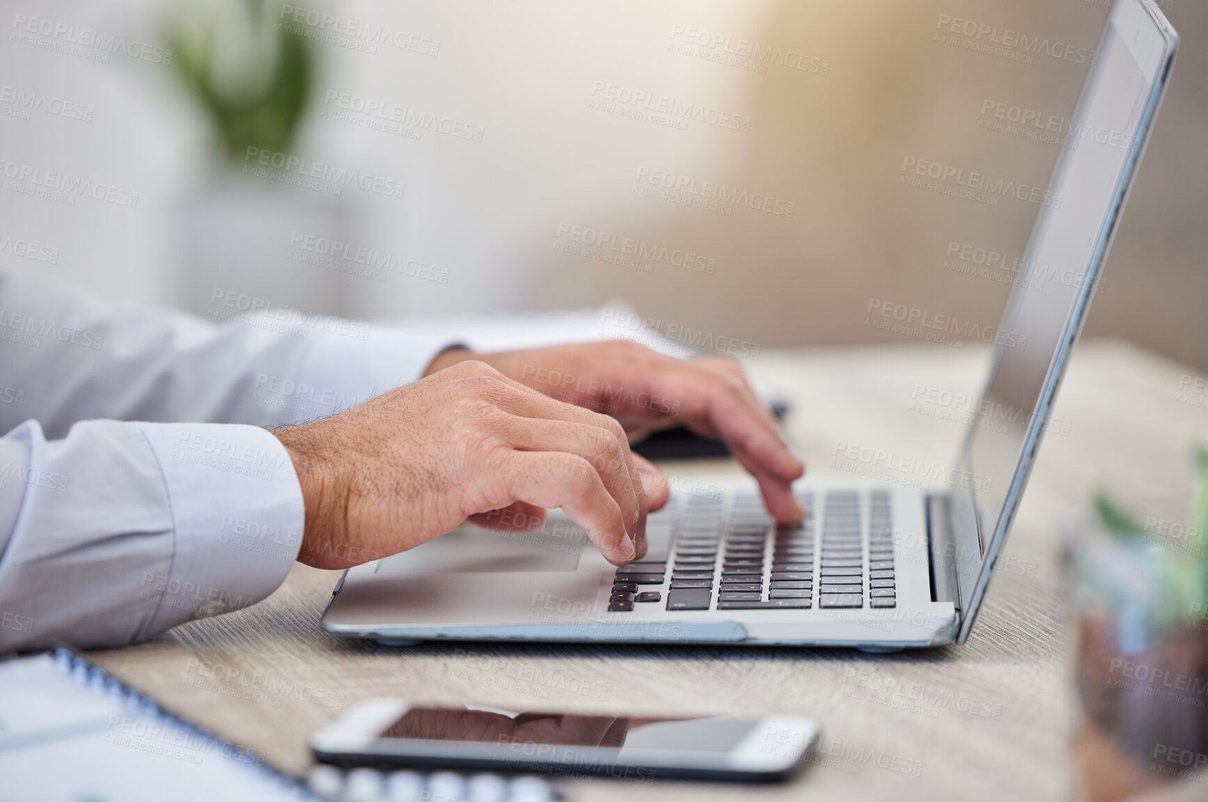 Buy stock photo Hand, laptop and research with the hands of a business man typing an email on a keyboard in the office at work. Computer, internet and writing with a male employee at work on a report or project