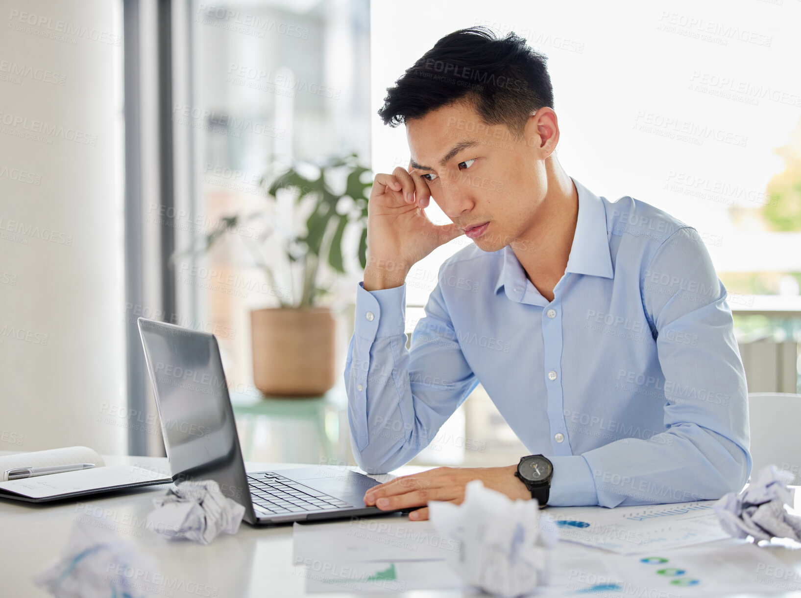 Buy stock photo Stress, anxiety and startup issue with business man working on a laptop, frustrated and annoyed. Young asian entrepreneur feeling  angry and unhappy with business plan fail and proposal error