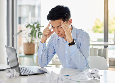 Buy stock photo Stress, anxiety or headache of businessman with laptop working on online report, proposal or copywriting at office desk workplace. Burnout, frustrated and corporate worker with problem, fail or error
