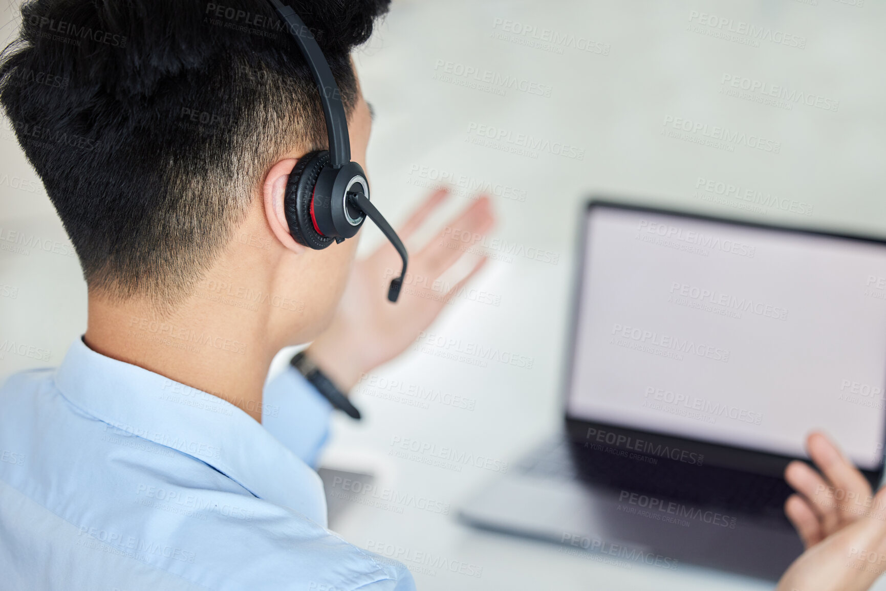Buy stock photo Call center, customer service and telemarketing with a man working on a laptop with a headset in his office. Crm, contact us and consulting with a male consultant at work in sales or support