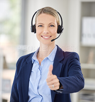 Buy stock photo Call center, woman and thumbs up for success from business help desk manager with satisfied smile. Customer service, management and good job expression from a corporate consultant worker.