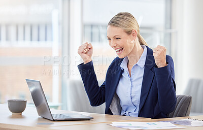 Excited, happy and celebration finance worker cheer, success and profit with stock market trade on office laptop. Winner, wow and professional financial analyst smile with pride checking information