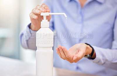 Buy stock photo Woman use medical sanitizer, cleaning hand of bacteria or germ in palm which make people sick. Person with alcohol gel in hands, to help stop healthcare risk of covid or dangerous virus