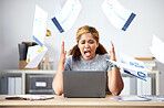 Stress business woman throwing paperwork documents in anger, frustrated and 404 laptop glitch in office. Anxiety, angry and shouting worker with internet problem, burnout crisis and online risk fear