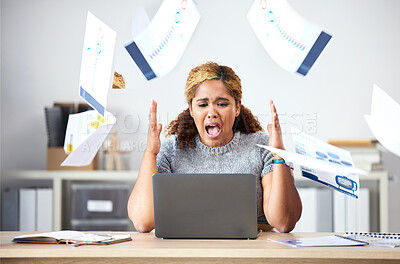 Buy stock photo Stress business woman throwing paperwork documents in anger, frustrated and 404 laptop glitch in office. Anxiety, angry and shouting worker with internet problem, burnout crisis and online risk fear