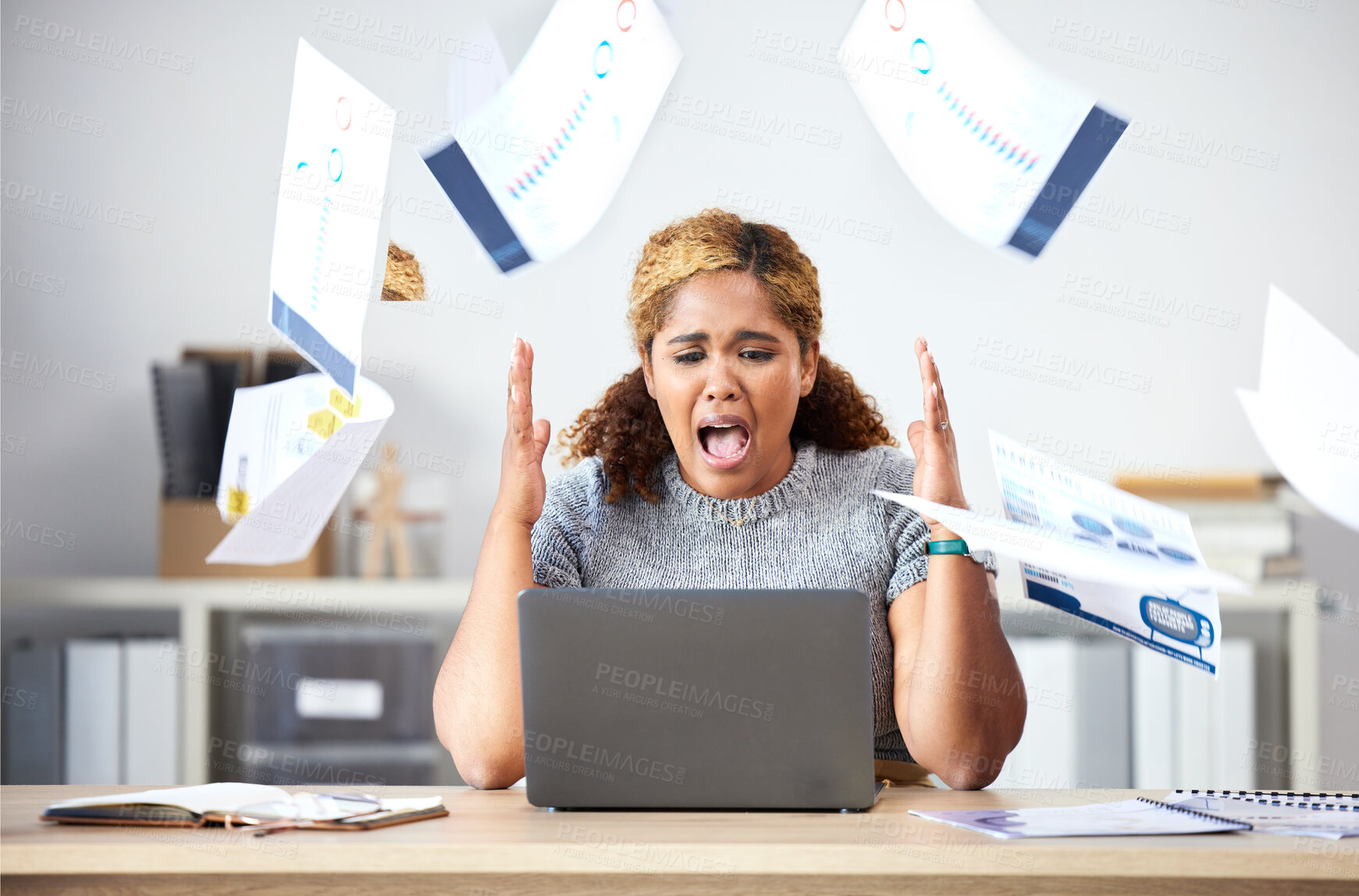 Buy stock photo Stress business woman throwing paperwork documents in anger, frustrated and 404 laptop glitch in office. Anxiety, angry and shouting worker with internet problem, burnout crisis and online risk fear