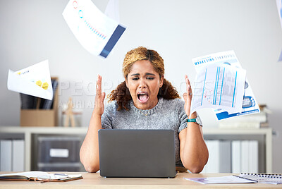 Buy stock photo Stress, angry and sad finance manager throwing documents, paper and paperwork while on laptop. Depression, frustrated or screaming black woman making mistake, failure or error on tax on computer.

