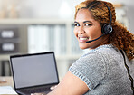 Portrait of woman with headset, mockup laptop or working in online call center, help desk or customer service. Happy telemarketing consultant, employee or worker smile and work on computer copy space