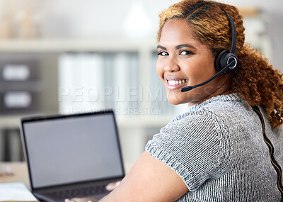 Buy stock photo Woman with mockup laptop working in online call center, help desk or customer service copy space. Portrait of happy telemarketing consultant, employee or worker smile or work on computer with headset