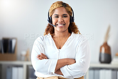 Buy stock photo Call center, happy and smile of a woman in customer service or telemarketing consultant with crossed arms at the office. Portrait of a female professional employee in contact us, support and help