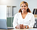 Black woman portrait, happy business entrepreneur and smile employee at desk in modern office startup. Young african american female professional worker with career motivation, vision and happiness