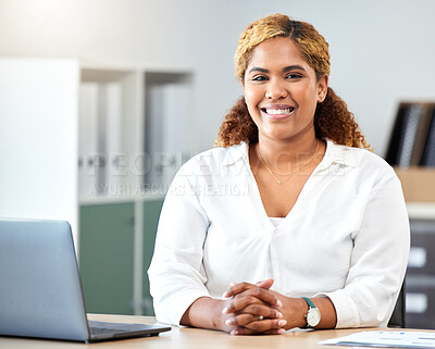 Buy stock photo Black woman portrait, happy business entrepreneur and smile employee at desk in modern office startup. Young african american female professional worker with career motivation, vision and happiness