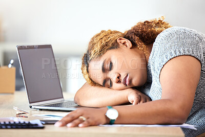 Buy stock photo Stress, burnout and sleeping business woman in modern office, workplace and desk. Tired, lazy and frustrated employee, worker and black person in nap for depression, deadlines and mental health fail