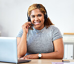 Portrait of a call center, customer service and telemarketing agent with a headset while consulting for sales support. Happy business helpdesk woman, contact us or consultant smile at work in office