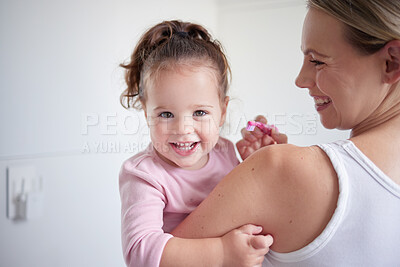 Buy stock photo Mother teaching happy girl dental hygiene, baby toothbrush and mom holding kid. Clean teeth, home healthcare and portrait of child growth. Laugh in children bathroom, healthy mouth and natural smile