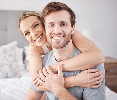 Buy stock photo Love, hug and portrait of couple in bedroom relax, bonding and enjoy quality time together in hotel room suite. Peace, smile and calm quiet morning for happy young man and woman on holiday vacation