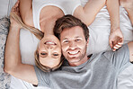 Couple portrait, bed relax and smile for love marriage in bedroom, happy with support and content with sleep in house. Face of calm man and woman in happiness together after sleeping in apartment
