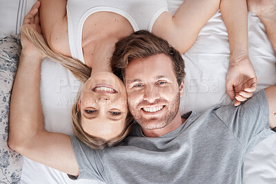 Buy stock photo Couple portrait, above bed and smile for love marriage in bedroom, happy with support and content with sleep. Top view face of calm man and woman in happiness together after sleeping in apartment