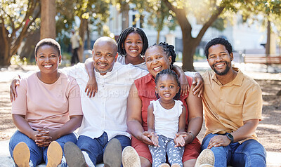 Buy stock photo Happy portrait of a black family in nature with mother, grandparents and children smiling next to father. Mom, dad and kids love quality time with senior African woman at a park in summer on holiday